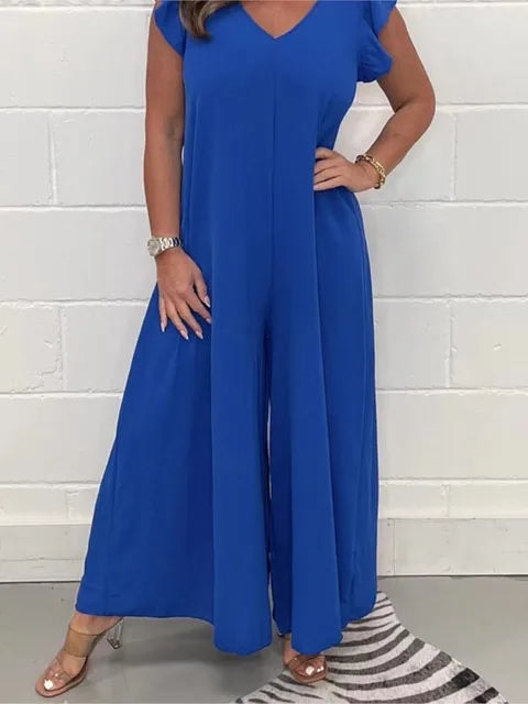 Sabrina Wide Leg Jumpsuit with Ruffled Sleeves and V-Neck