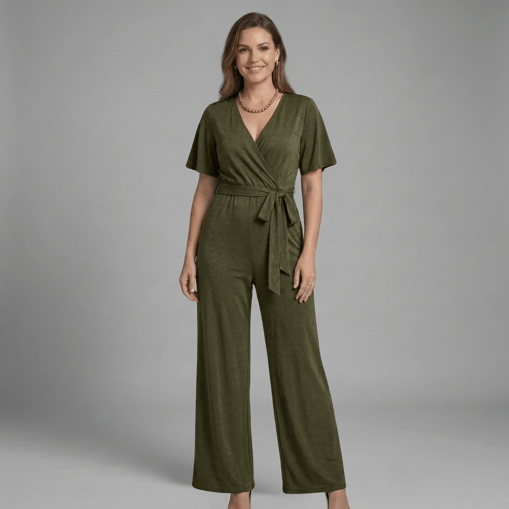 Liora Wrap Front V-Neck Wide-Leg Jumpsuit with Short Sleeves and Waist Tie