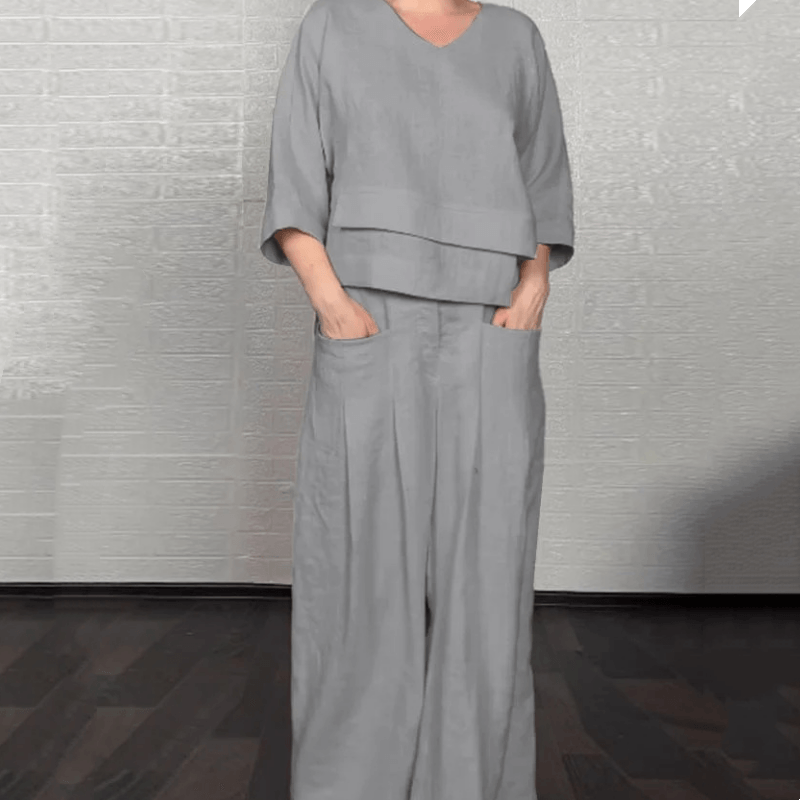 Cotton Linen Matching Two-Piece Set with V-Neck Top and Wide-Leg Pants