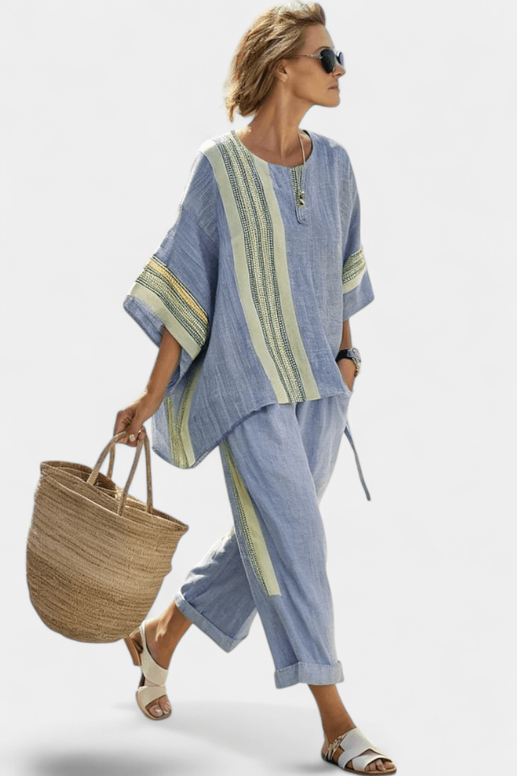 Matching Two-Piece Set with Oversized Striped Linen Top and Wide-Leg Pants