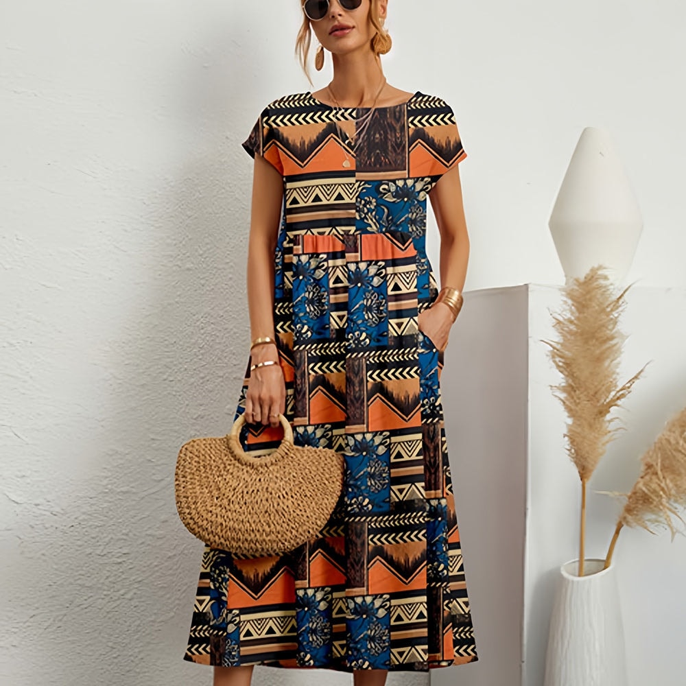 Women's Floral Print A-Line Midi Dress with Short Sleeves