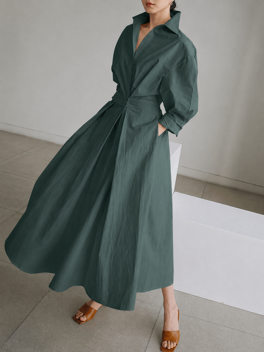 Sofia Collared A-Line Midi Dress with Pockets and 3/4 Sleeves