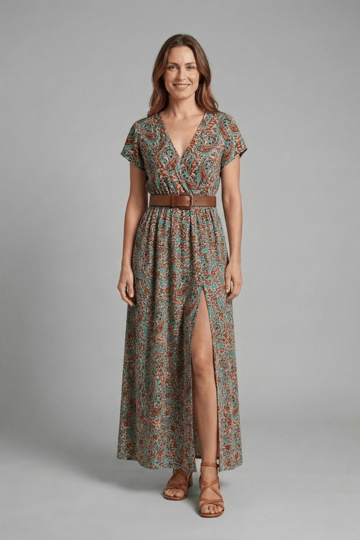 Women's Long Sleeve V-Neck Jersey Knit Maxi Dress with Side Slit
