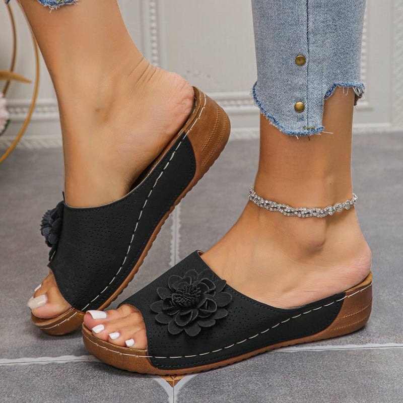 Flora Comfortable Slide Wedge Sandals with Perforated Upper and Flower Detail