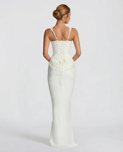 Sienna Laurent Satin Corset Maxi Dress with Draped Detail
