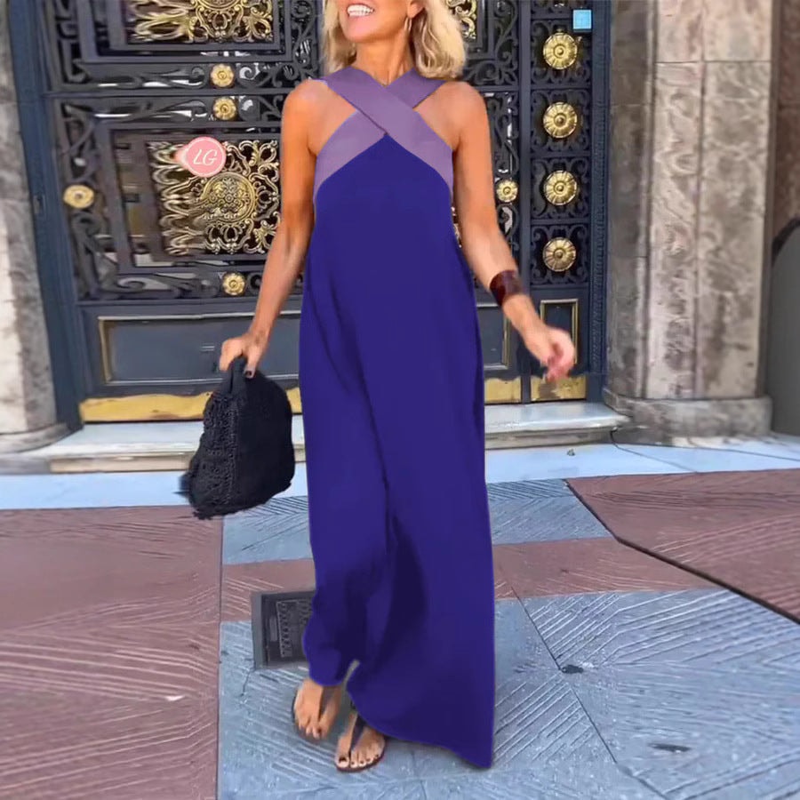 Sleeveless Crossover Halter Linen Summer Maxi Dress with Flowing Skirt