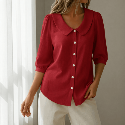 Peter Pan Collar Button-Up Top with Puff Sleeves for Women