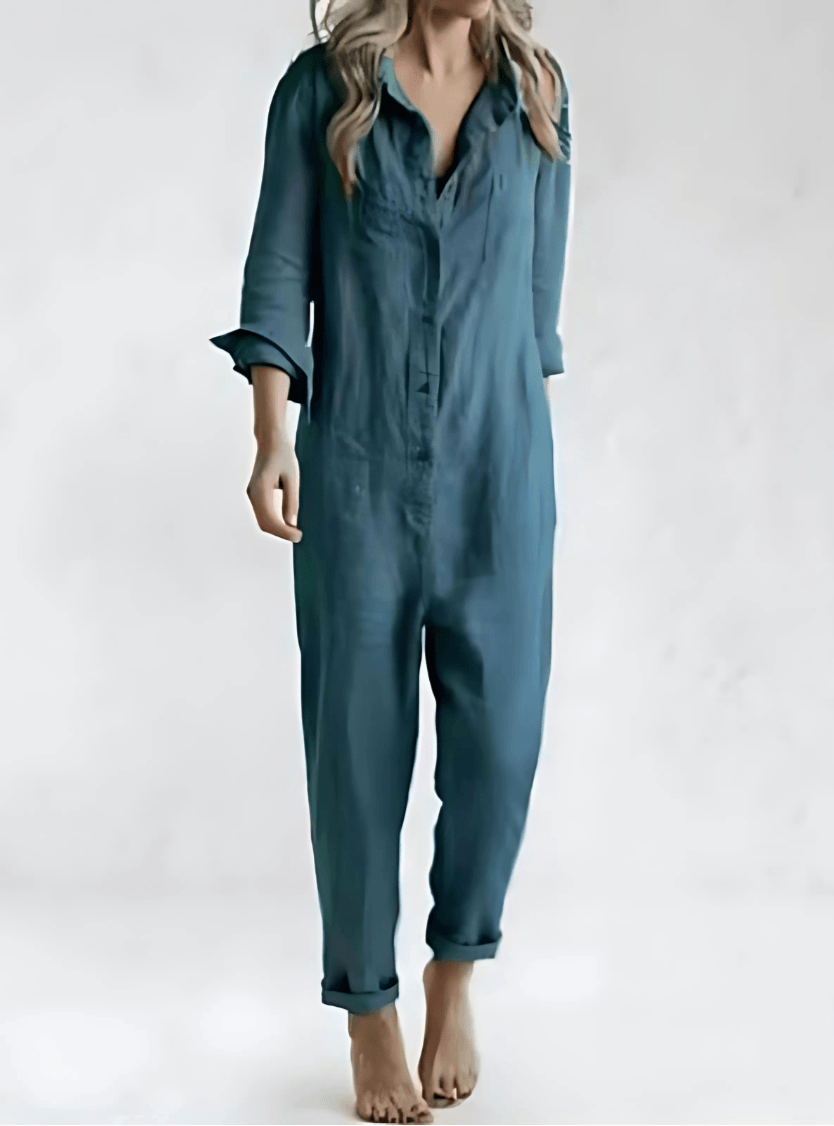 Button-Front Linen Jumpsuit with Pockets for Women