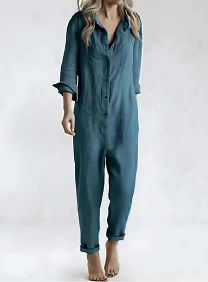Button-Front Linen Jumpsuit with Pockets for Women