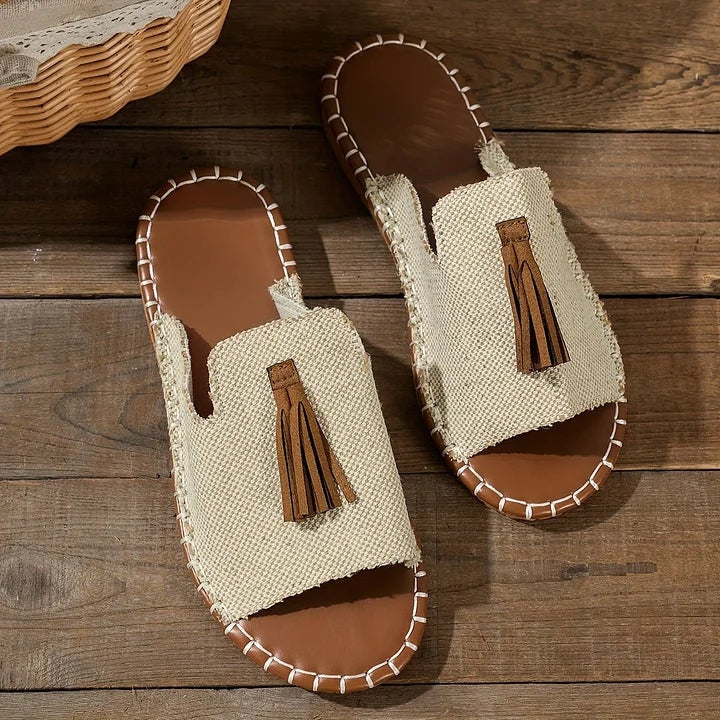 Naomi Kirkland Woven Cushioned Sandals with Boho Tassel Detail for Women