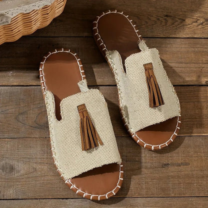 Naomi Kirkland Woven Cushioned Sandals with Boho Tassel Detail for Women