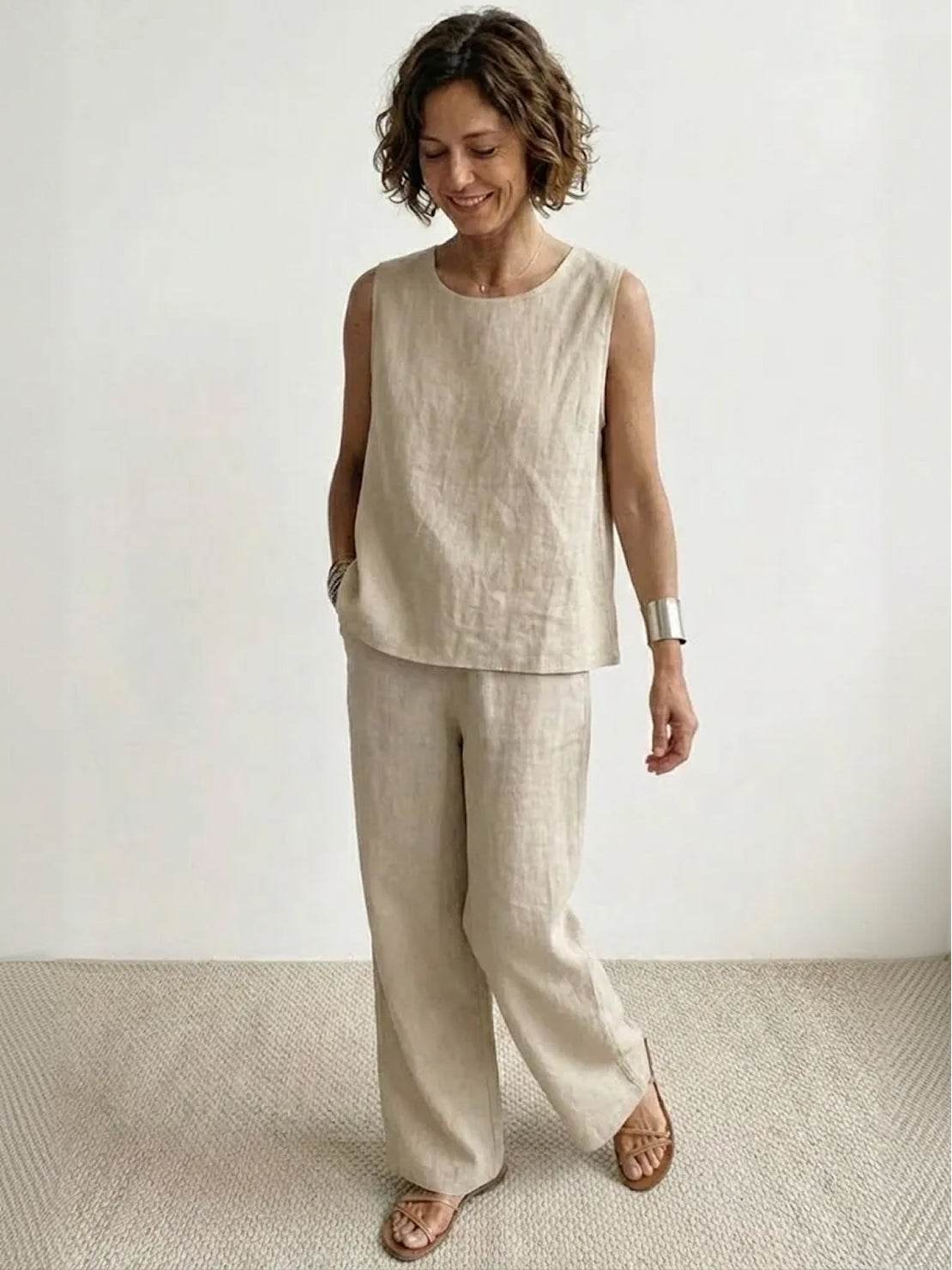 Sage Matching Linen Sleeveless Top and Wide-Leg Pants Two-Piece Set