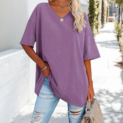 Oversized Cotton V-Neck Short Sleeve Top for Women