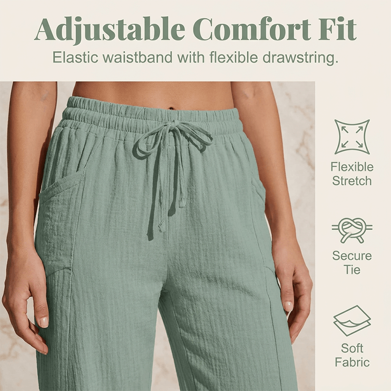 Women's Cotton Linen Cropped Wide-Leg Pants with Drawstring Waist
