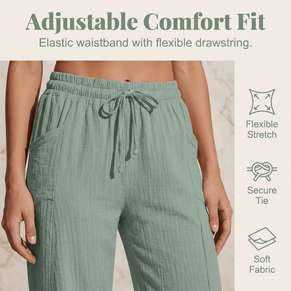 Women's Cotton Linen Cropped Wide-Leg Pants with Drawstring Waist
