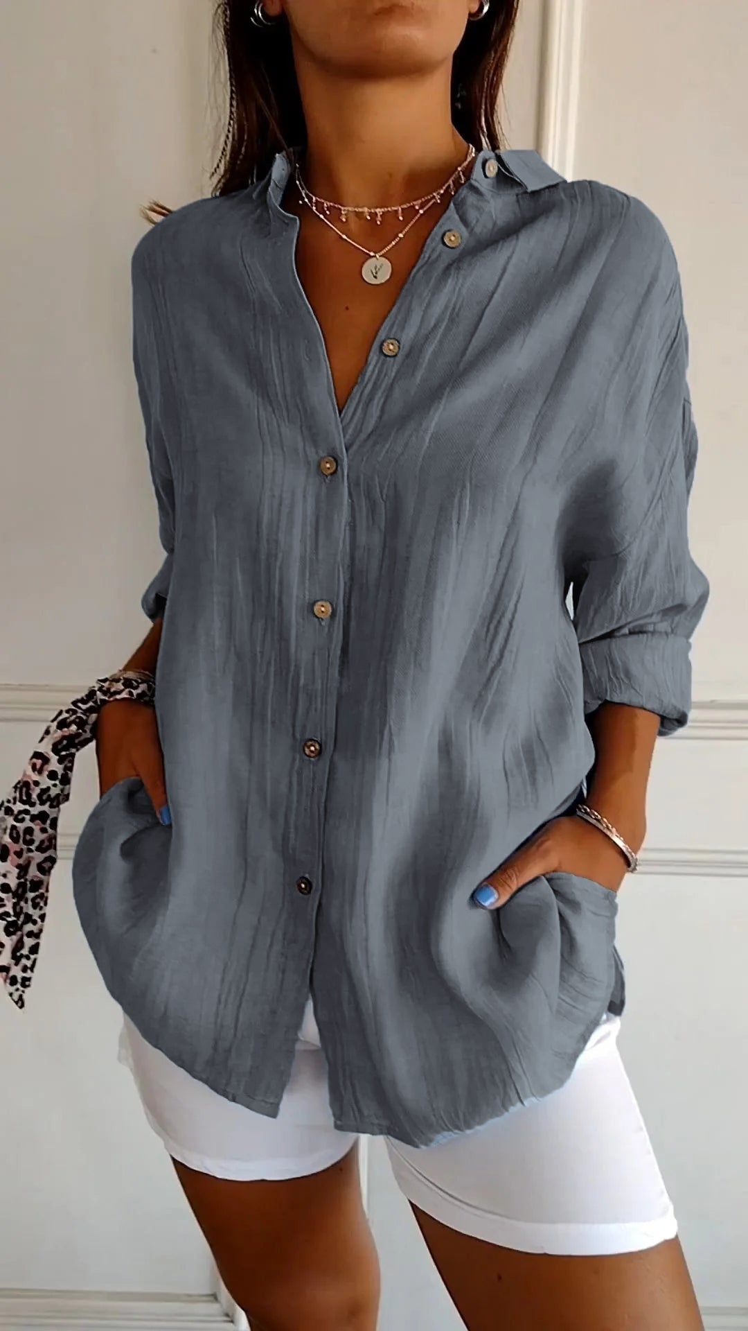 Sasha Pleated Cotton Blend Long-Sleeve Blouse for Women with Button-Up Front