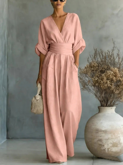 Sophia Merriweather Wide-Leg Linen Jumpsuit with Wrap Waist Tie