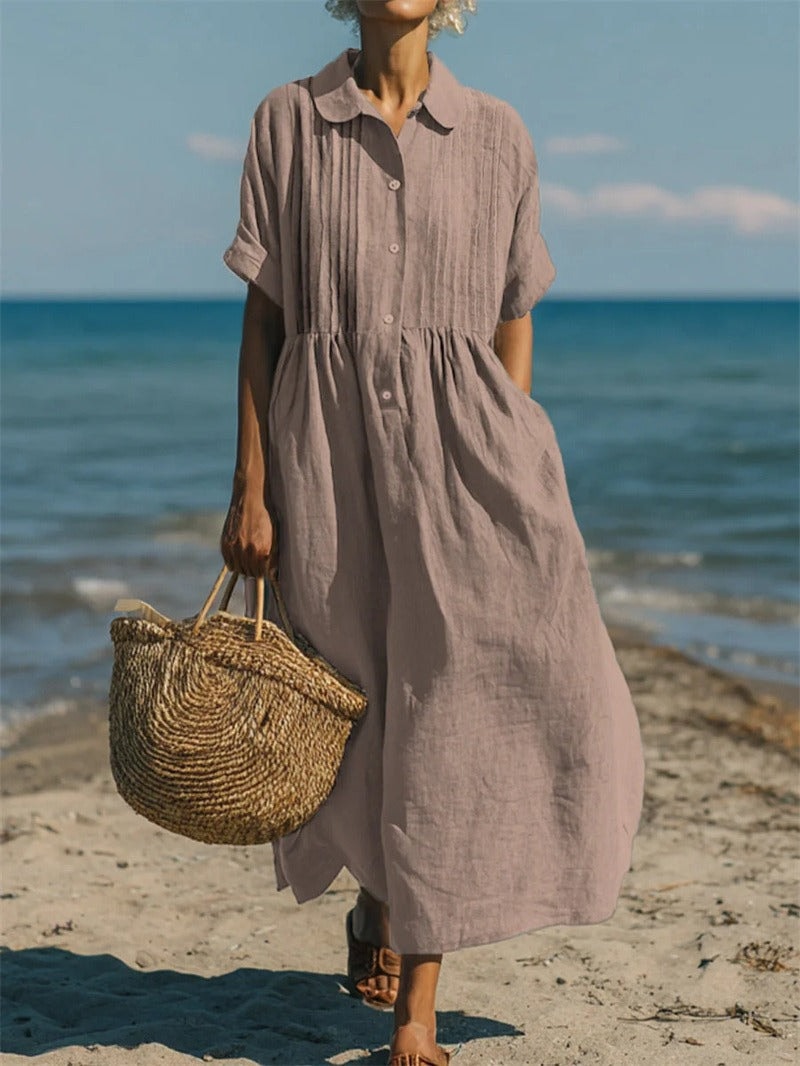 Harper Sutton Pintuck Linen Collared Midi Shirt Dress for Women