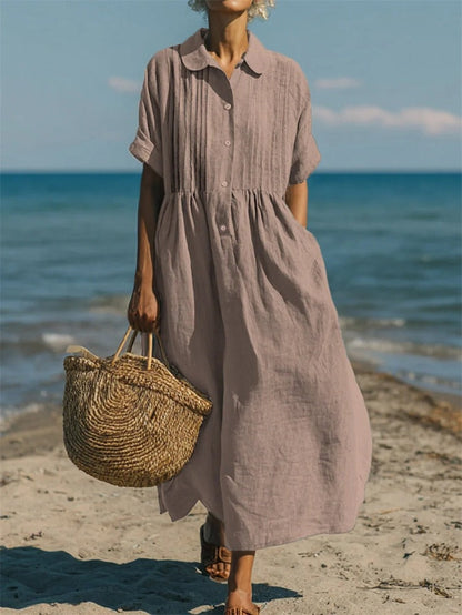 Harper Sutton Pintuck Linen Collared Midi Shirt Dress for Women