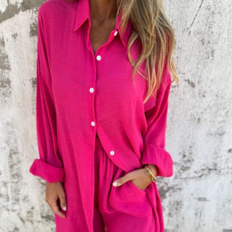 Sasha Two-Piece Matching Linen Shirt and Shorts Set with Long Sleeves