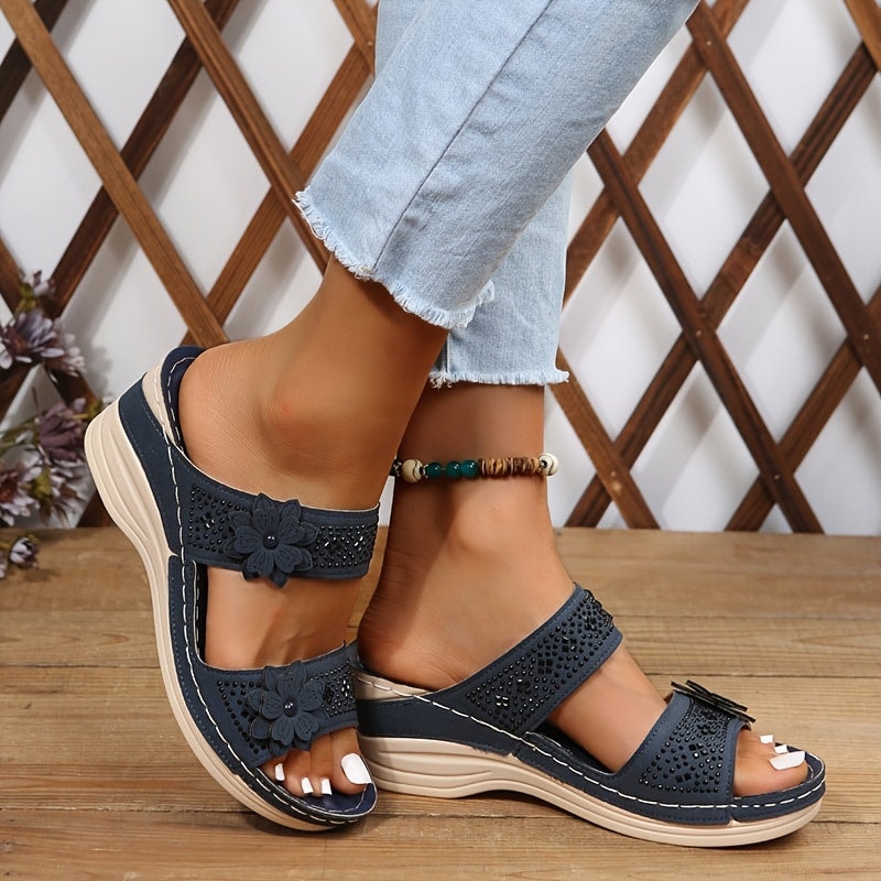 Delor Open-Toe Slide Sandals with Flower Detail and Rhinestone Wedge Sole