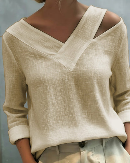 Vera Asymmetric V-Neck Linen-Look Top with Cold Shoulder Detail for Summer