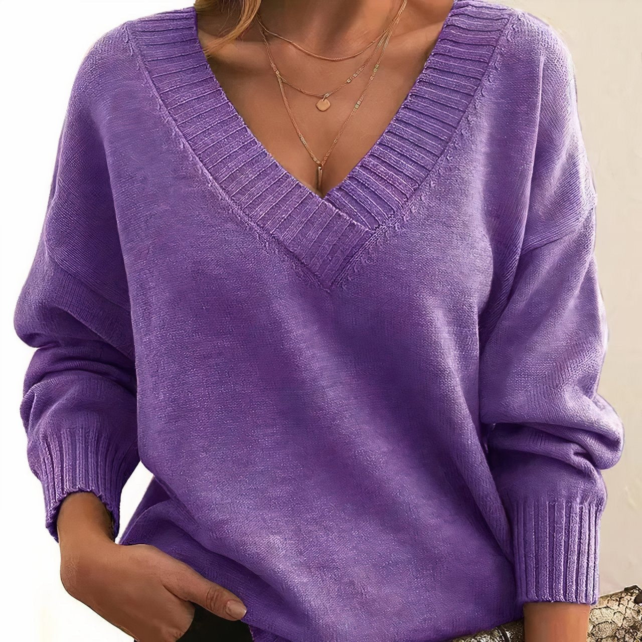 Mercy V-Neck Relaxed Fit Knit Sweater with Ribbed Cuffs