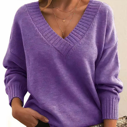 Mercy V-Neck Relaxed Fit Knit Sweater with Ribbed Cuffs