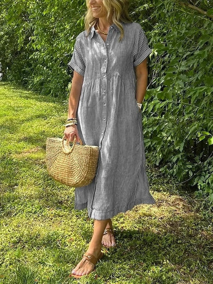 Women's Striped Cotton Shirt Collar Midi Dress with Short Sleeves