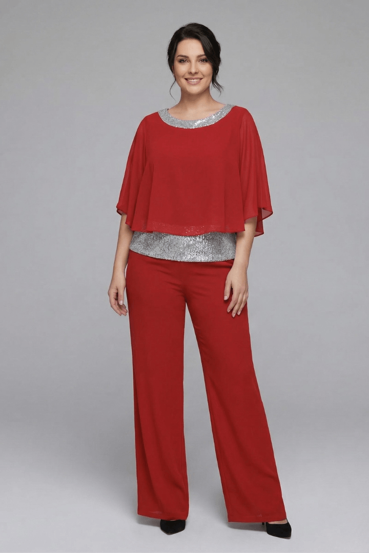 Women's Matching Two-Piece Set with Sequin Chiffon Cape Top and Wide-Leg Pants