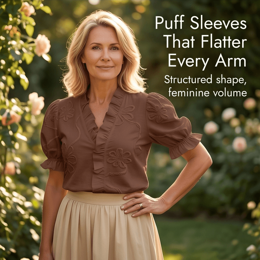 Embroidered Puff Sleeve Ruffled V-Neck Top for Women in Cotton