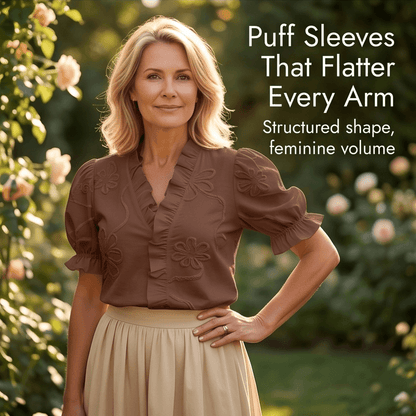Embroidered Puff Sleeve Ruffled V-Neck Top for Women in Cotton