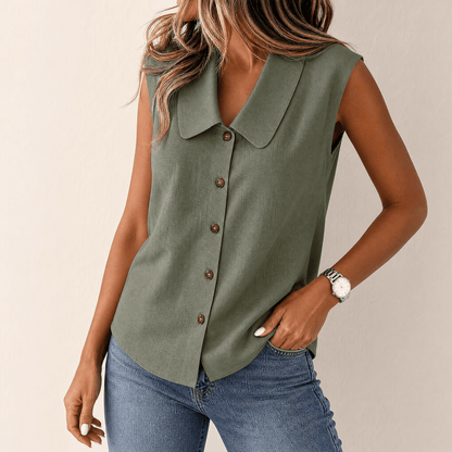 Women's Collared Sleeveless Button-Up Blouse with V-Neck
