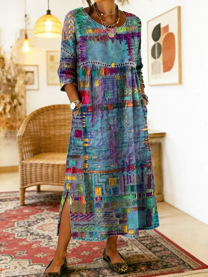 Manuela Ethnic Patchwork Three-Quarter Sleeve Cotton Blend Midi Dress for Women