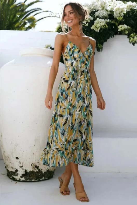 Sara Woven Midi Summer Dress with Abstract Floral Print and Tie Waist