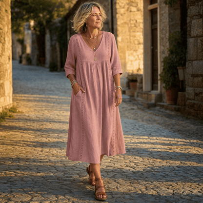 Women's Relaxed Linen-Cotton Summer Midi Dress with Lace Trim and Pockets