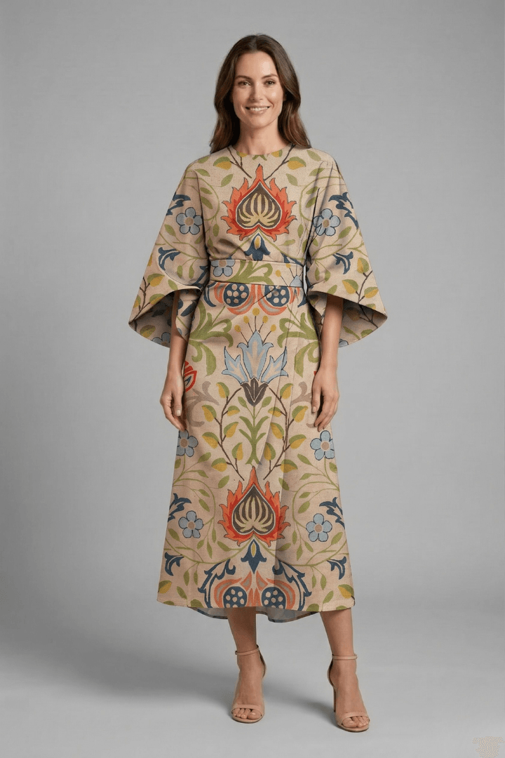 Floral Print Round Neck Women's Midi Dress with Wide Bell Sleeves