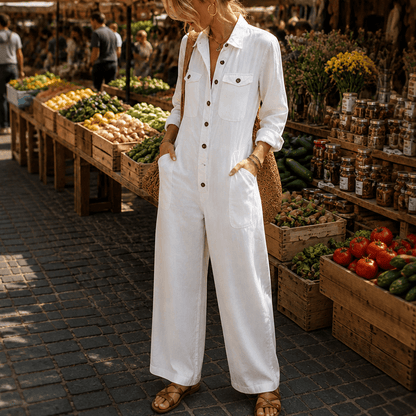 Women's Wide-Leg Cargo Utility Jumpsuit with Button-Front Top