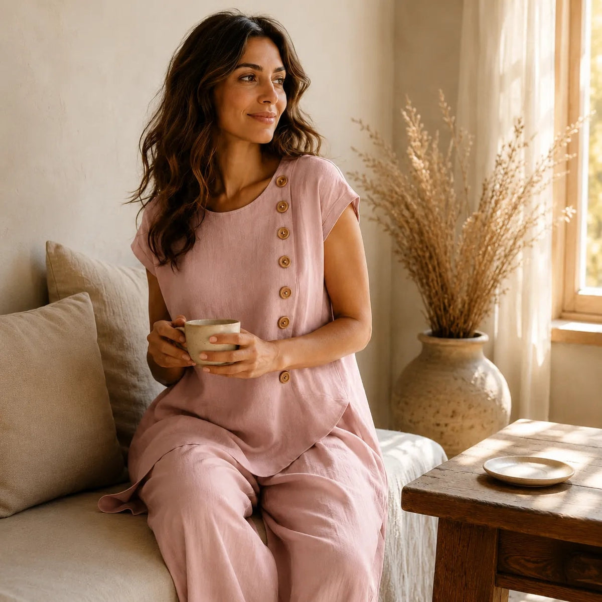 Two-Piece Matching Co-Ord Set with Asymmetric Button Top and Wide-Leg Pants