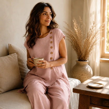 Two-Piece Matching Co-Ord Set with Asymmetric Button Top and Wide-Leg Pants