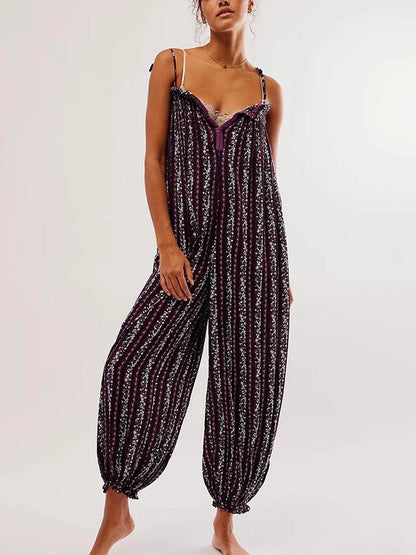 Women's Boho Harem Linen Jumpsuit with Tie-Shoulder Straps