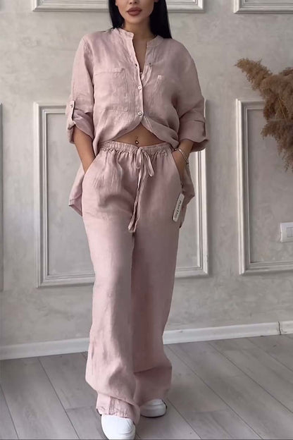 Fara Matching Cotton Linen Shirt and Wide-Leg Pants Two-Piece Co-Ord Set