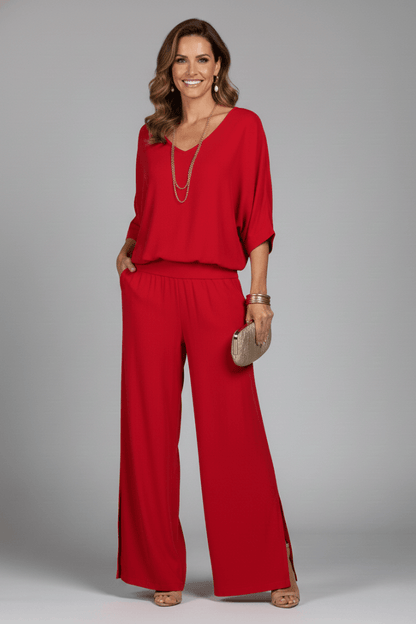 Women's Matching Two Piece Set with Dolman Sleeve Top and Wide-Leg Pants