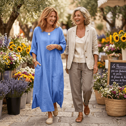 Women's Linen Summer Midi Dress with Roll-Up Sleeves and Side Pockets