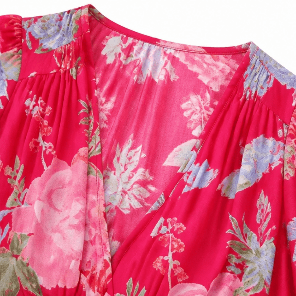 Minelda Floral Tiered V-Neck Women's Summer Maxi Dress with Flutter Sleeves and Belted Waist