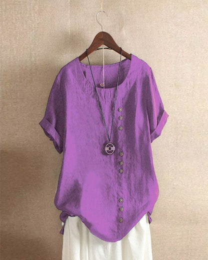 Halvorn Relaxed Linen Summer Top with Short Sleeves and Side Button Detail