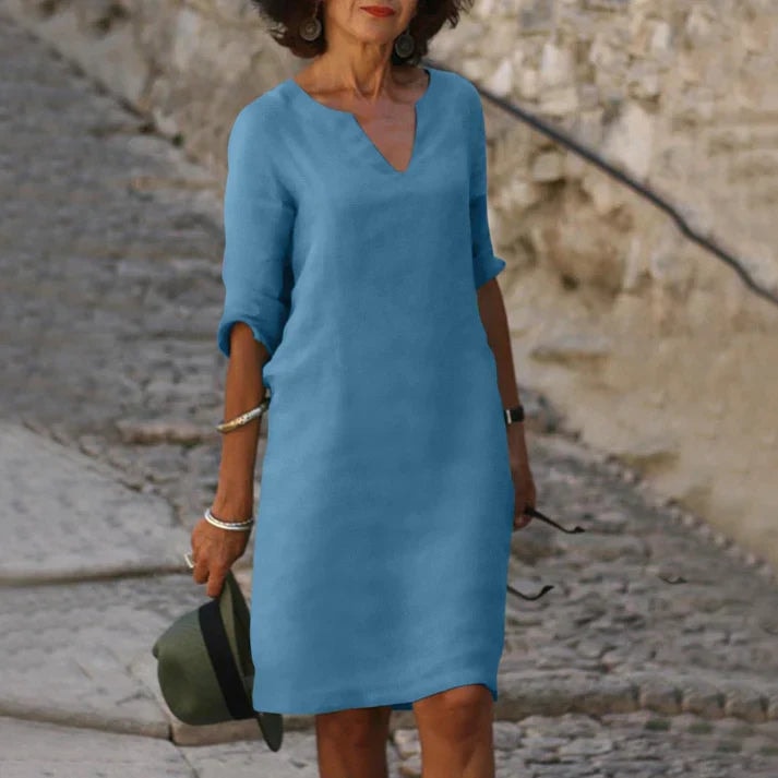 Women's V-Neck Half-Sleeve Polyester Midi Dress