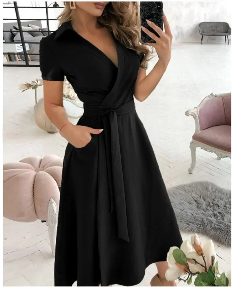 Judy Tie Waist Wrap Style A-Line Midi Dress for Women