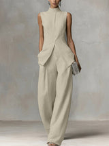 Sleeveless Stand Collar Wide-Leg Linen Jumpsuit with Side Pockets