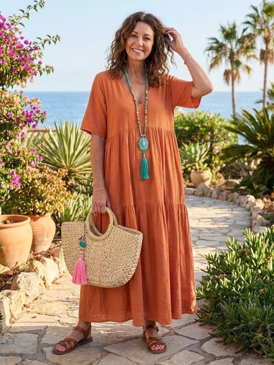 Women's Tiered Ruffle V-Neck Midi Dress with Short Sleeves in Polyester
